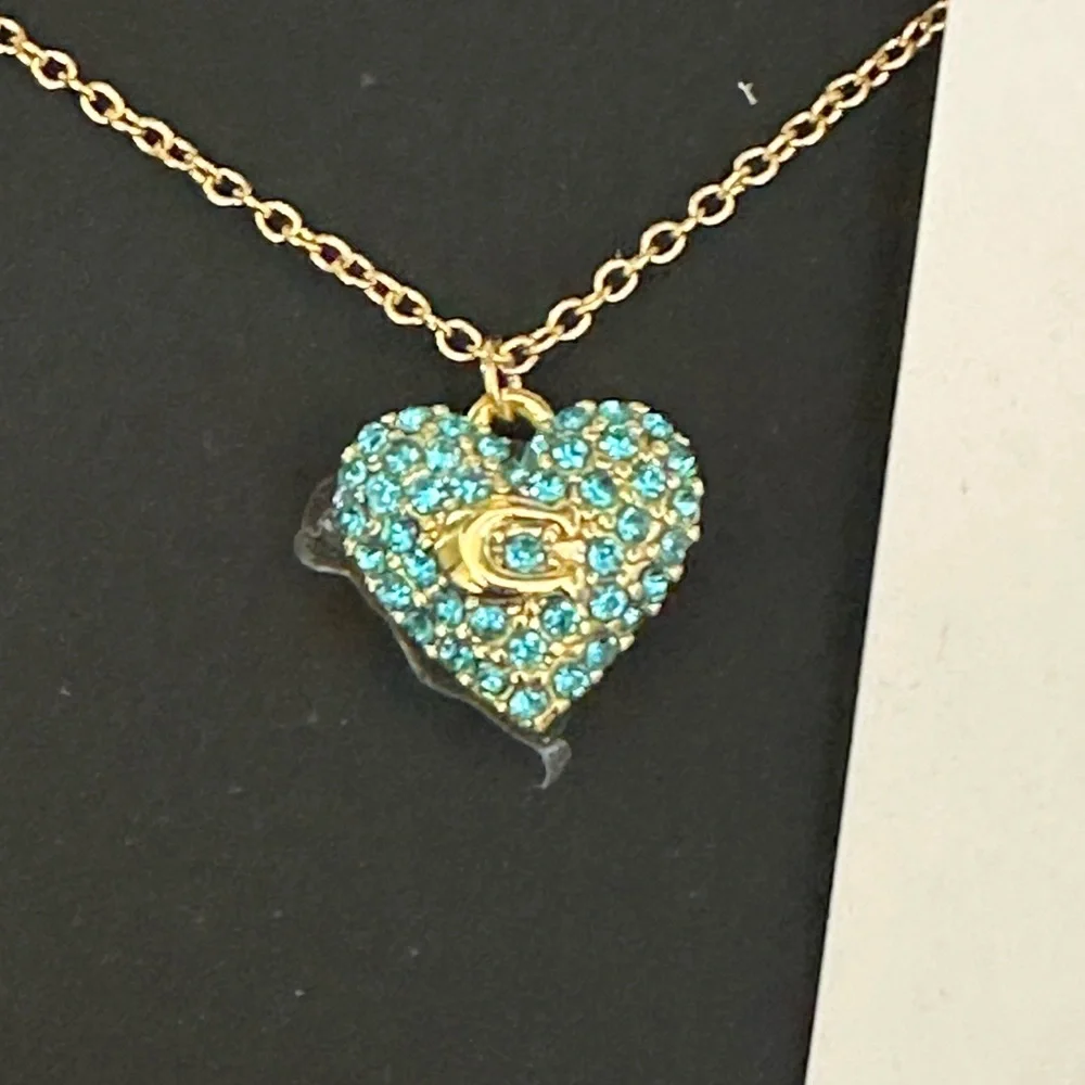 Coach Blue Pave Crystal‎ Signature C Puffed Heart Necklace NWT